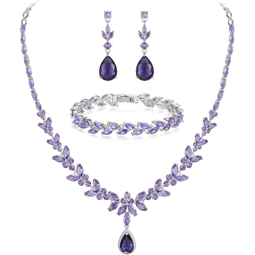 imageBriLove Wedding Gorgeous Shiny Teardrop CZ Pendant Necklace Leaf Dangle Earrings Jewelry Set for Women Bride BridesmaidPurple SilverTone