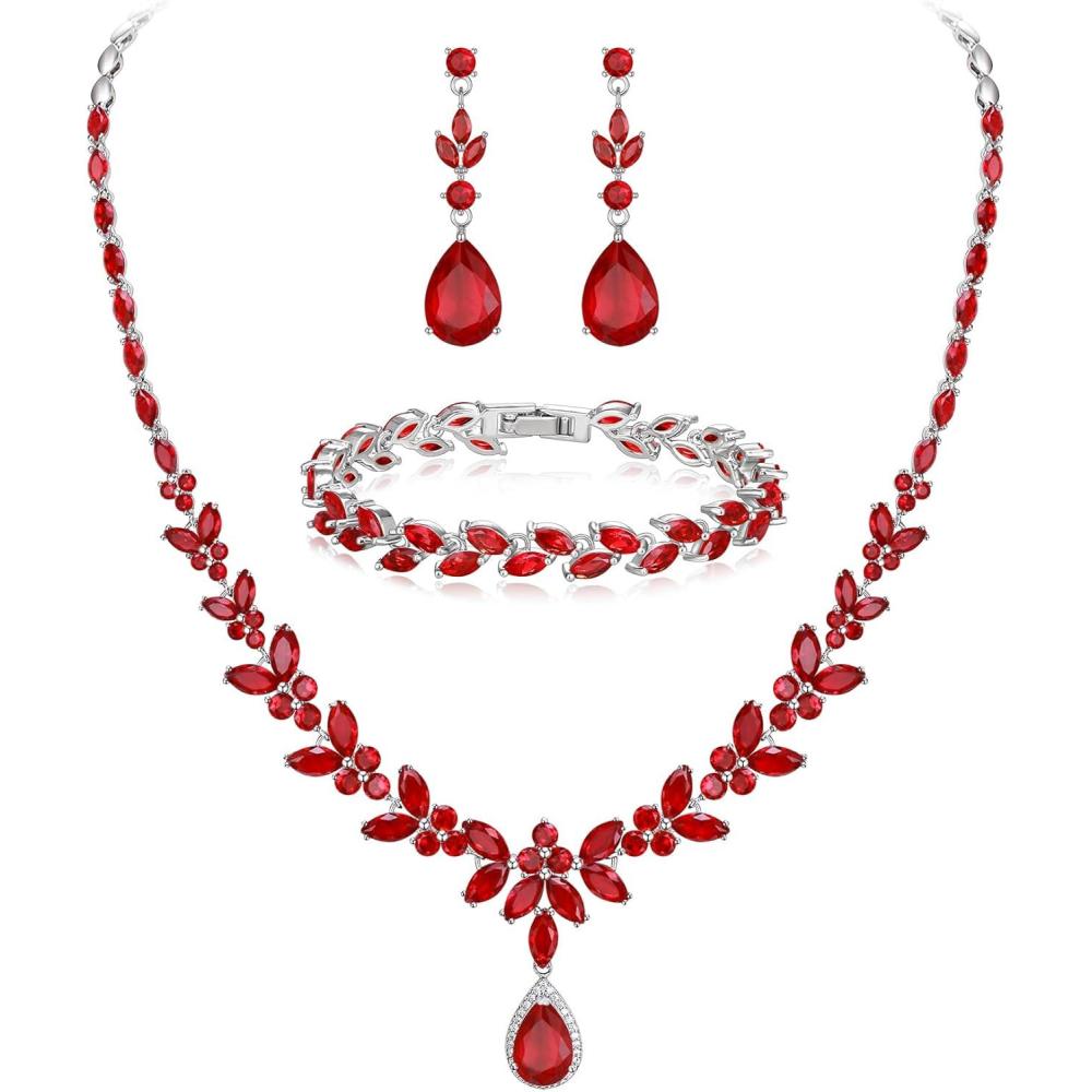 imageBriLove Wedding Gorgeous Shiny Teardrop CZ Pendant Necklace Leaf Dangle Earrings Jewelry Set for Women Bride BridesmaidRuby Color SilverTone