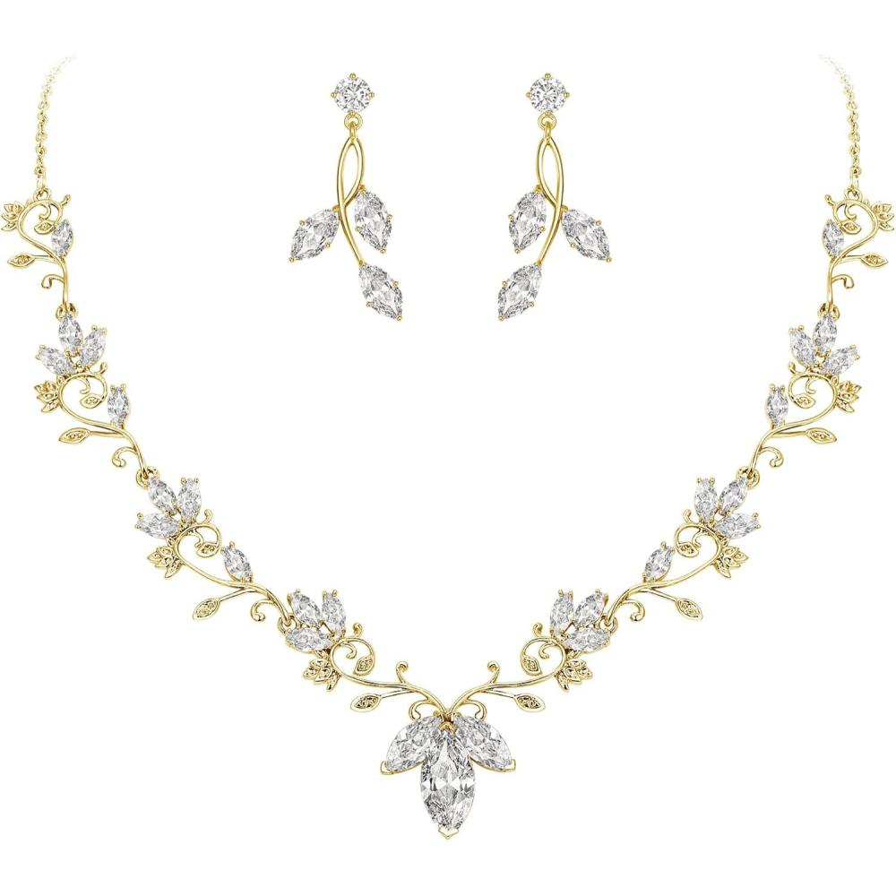 imageBriLove Wedding Jewelry Set for Women CZ Teardrop Flower Leaf Filigree Necklace Earrings Party Prom AccessoriesGoldtone