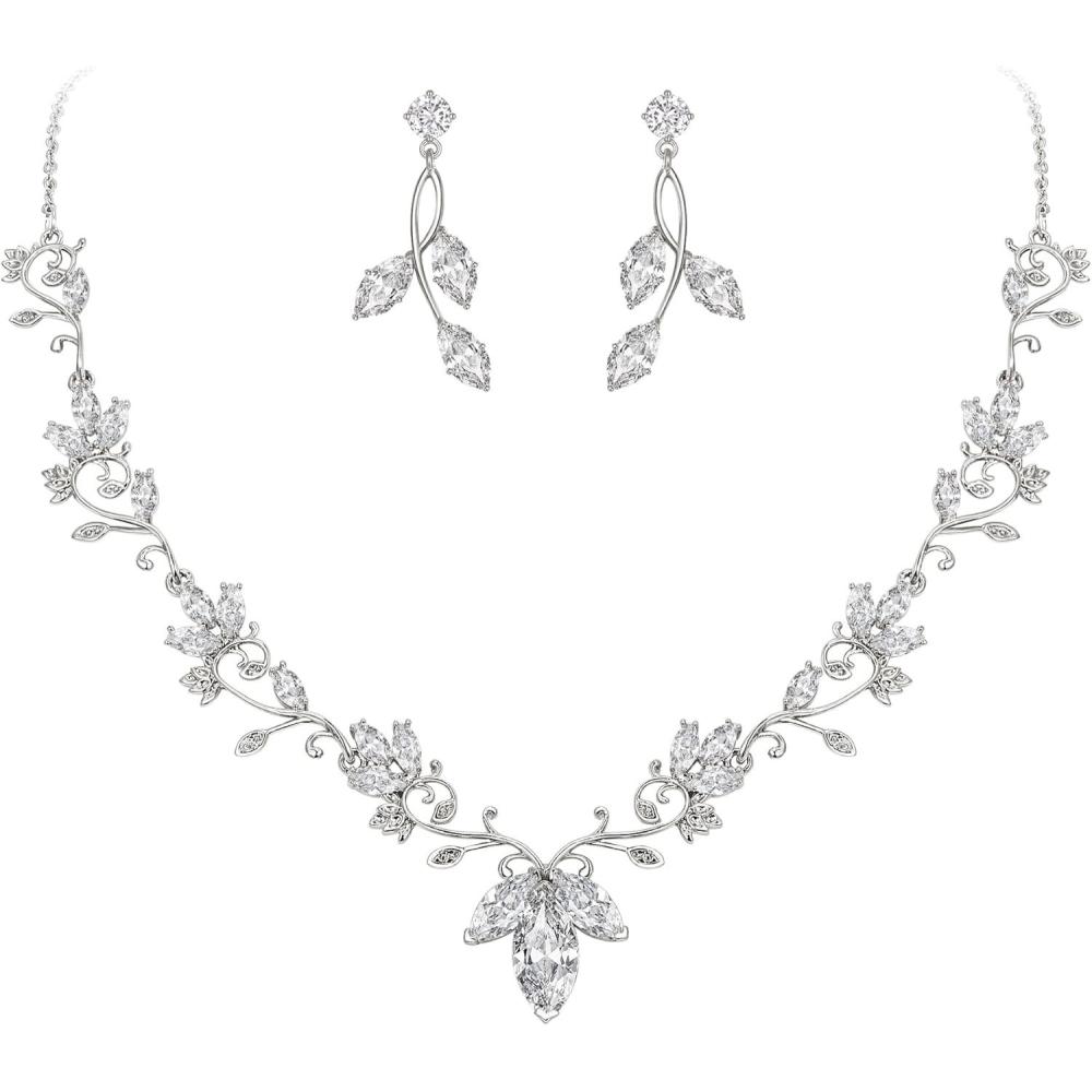 imageBriLove Wedding Jewelry Set for Women CZ Teardrop Flower Leaf Filigree Necklace Earrings Party Prom AccessoriesSilvertone