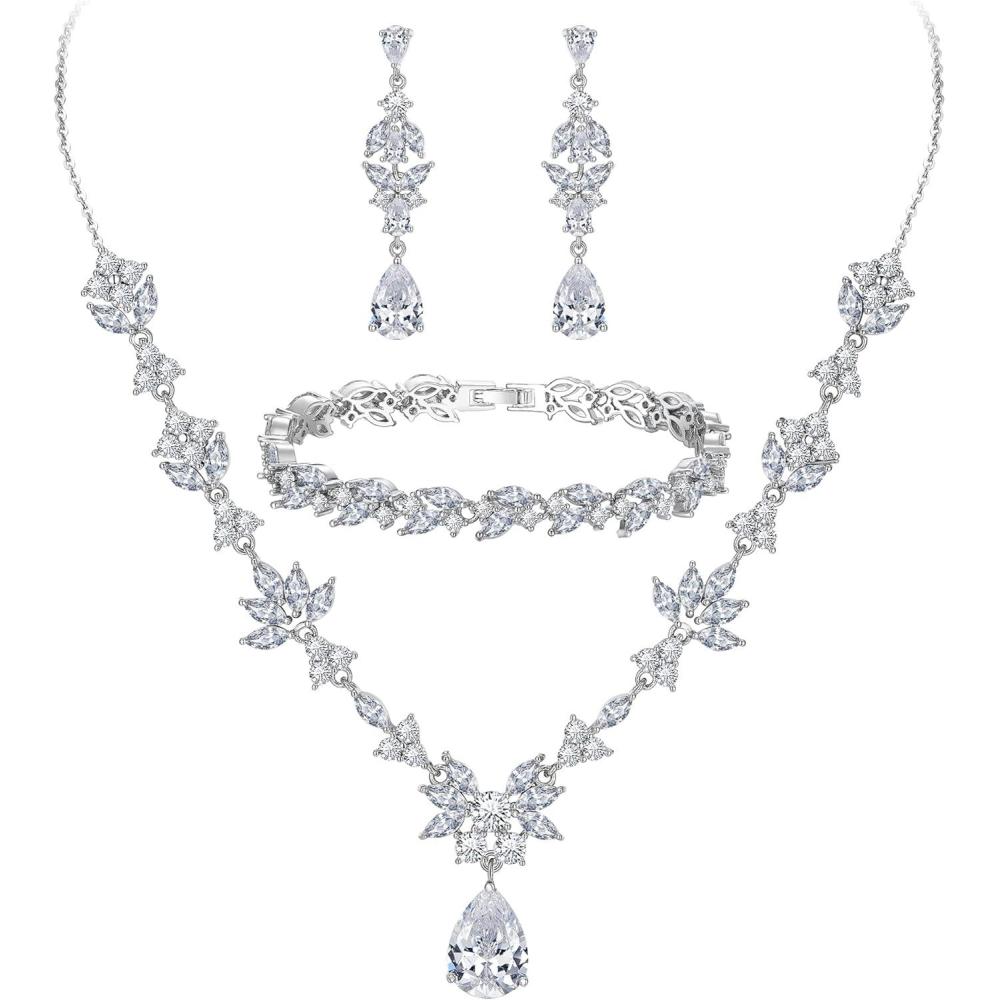 imageBriLove Wedding Jewelry Set for Women YNecklace Tennis Bracelet Dangle Earrings with AAA Cubic Zirconia Teardrop for Bridal Bridesmaid01Clear SilverTone