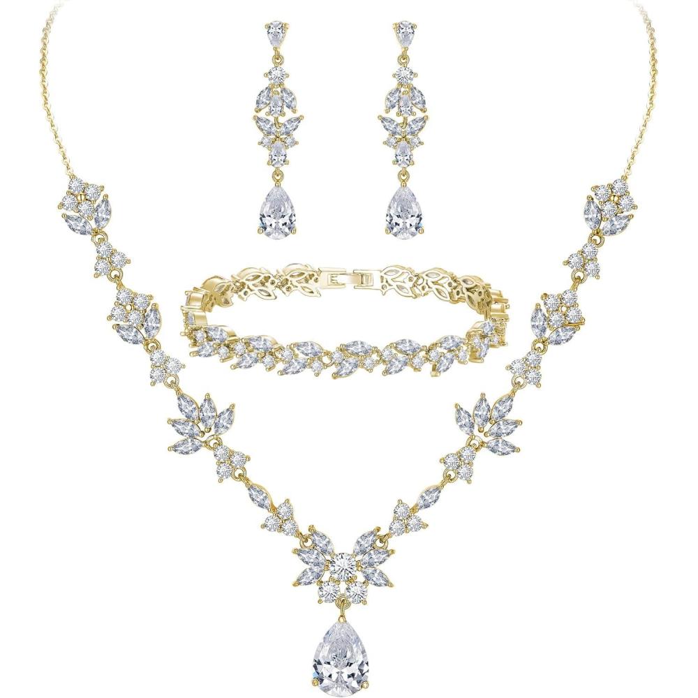 imageBriLove Wedding Jewelry Set for Women YNecklace Tennis Bracelet Dangle Earrings with AAA Cubic Zirconia Teardrop for Bridal Bridesmaid02ClearGoldToned