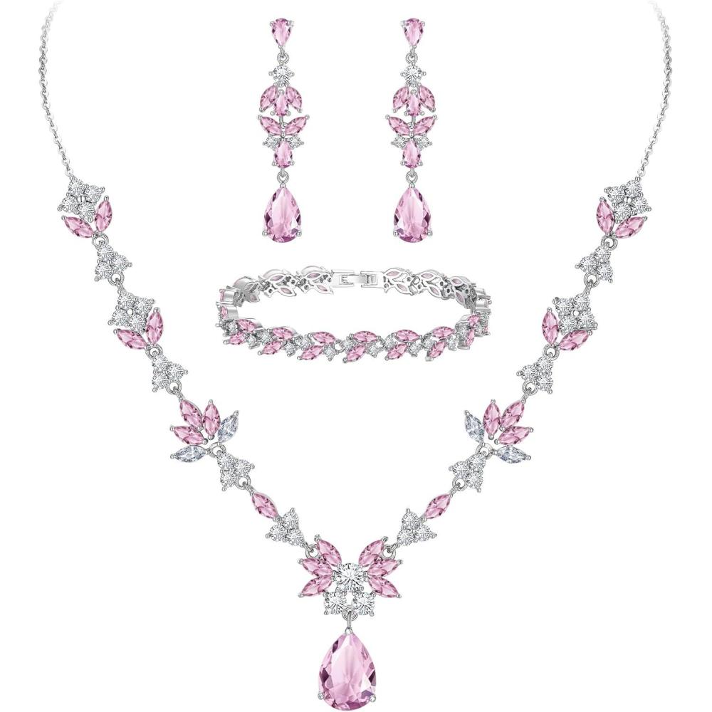 imageBriLove Wedding Jewelry Set for Women YNecklace Tennis Bracelet Dangle Earrings with AAA Cubic Zirconia Teardrop for Bridal BridesmaidPink SilverTone