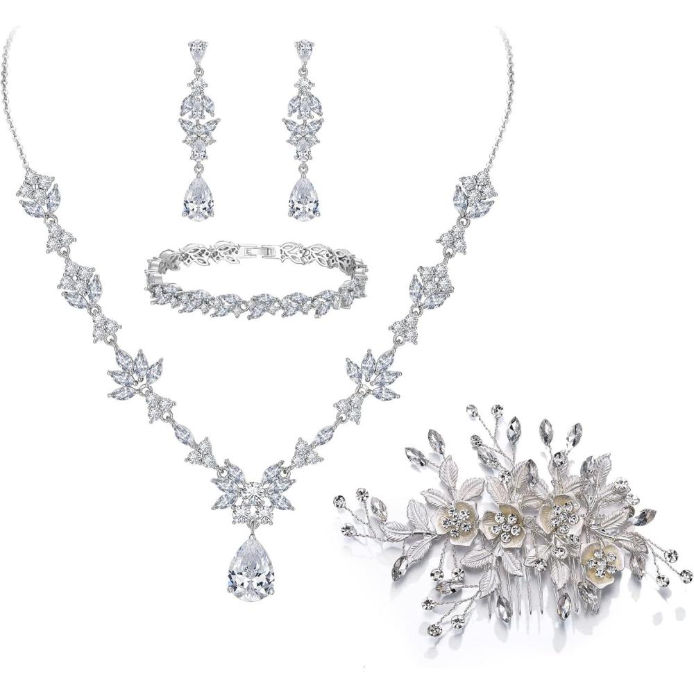 imageBriLove Wedding Jewelry Set for Women YNecklace Tennis Bracelet Dangle Earrings with AAA Cubic Zirconia Teardrop for Bridal Bridesmaidclear