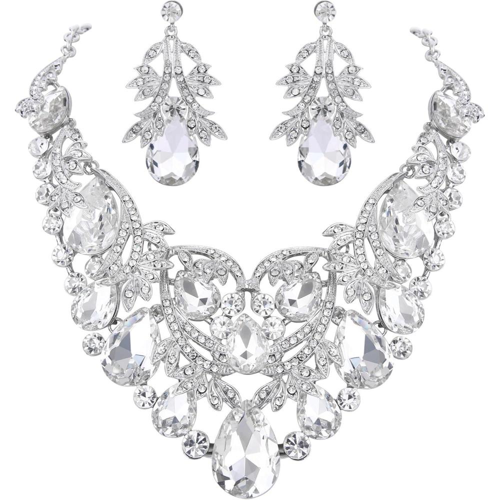 imageBriLove Womens Bohemian Boho Crystal Teardrop Filigree Leaf Hollow Statement Necklace Dangle Earrings SetClear SilverTone