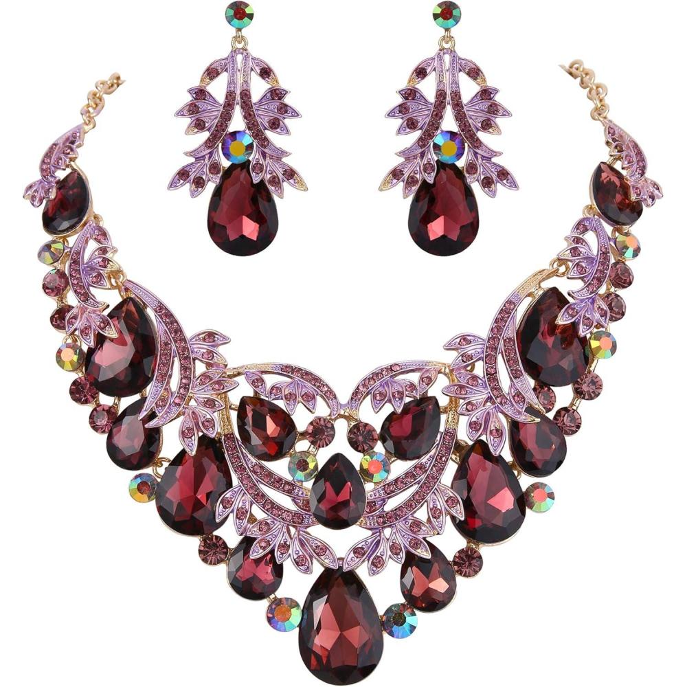 imageBriLove Womens Bohemian Boho Crystal Teardrop Filigree Leaf Hollow Statement Necklace Dangle Earrings SetDeep Amethyst Color GoldTone