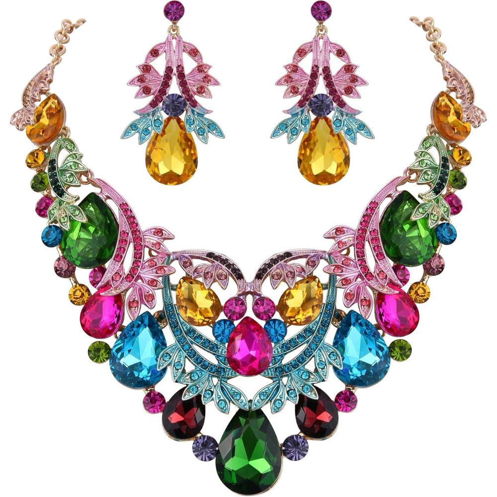 imageBriLove Womens Bohemian Boho Crystal Teardrop Filigree Leaf Hollow Statement Necklace Dangle Earrings SetMulticolor GoldTone