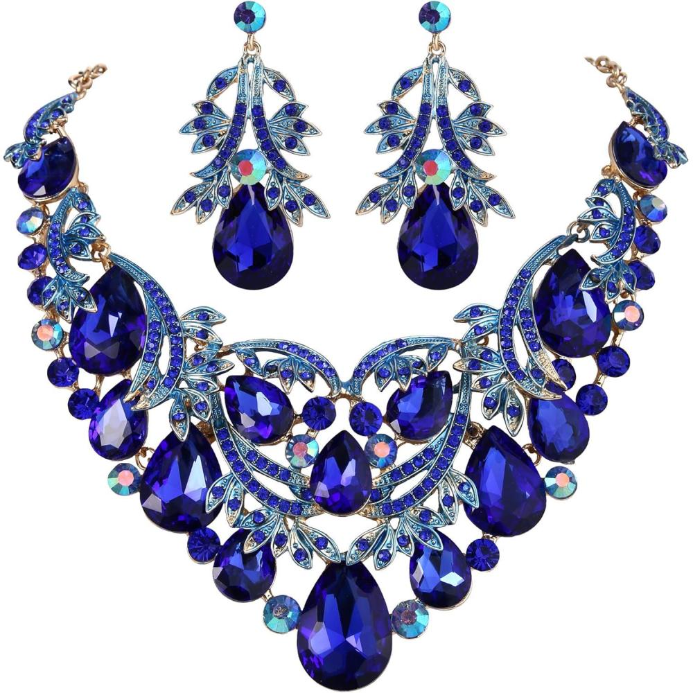 imageBriLove Womens Bohemian Boho Crystal Teardrop Filigree Leaf Hollow Statement Necklace Dangle Earrings SetRoyal Blue GoldTone