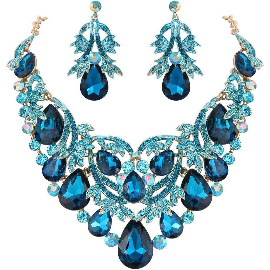 imageBriLove Womens Bohemian Boho Crystal Teardrop Filigree Leaf Hollow Statement Necklace Dangle Earrings SetTurquoise Color GoldTone