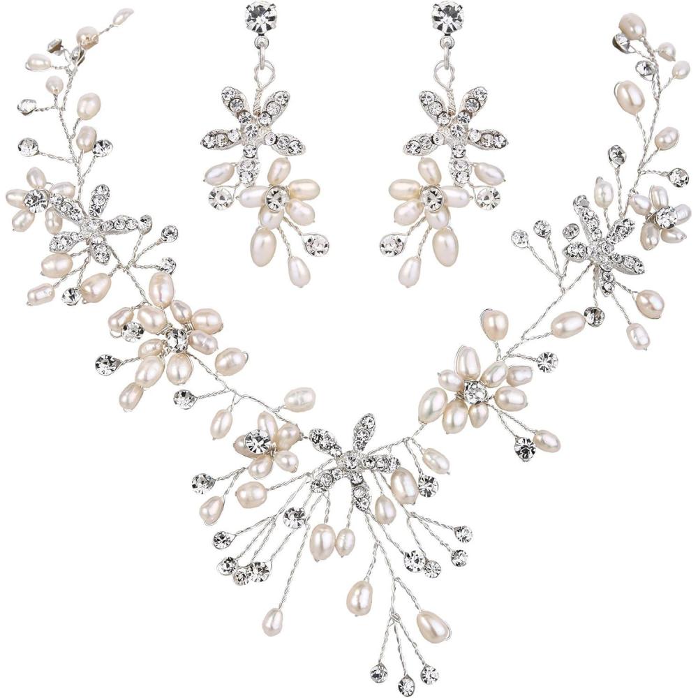imageBriLove Womens Bohemian Boho Crystal Teardrop Freshwater Cultured Pearl Handmade Filigree Flower Choker Necklace Dangle Earrings SetSilverTone