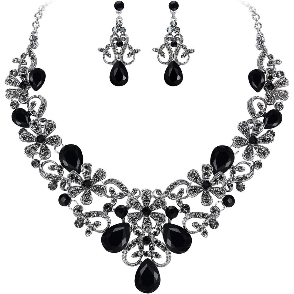 imageBriLove Womens Costume Elegant Crystal Flower Scroll Teardrop Statement Necklace Dangle Earrings Set for Wedding Party Prom AccessoriesBlack SilverTone