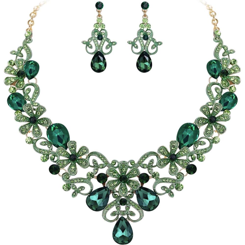 imageBriLove Womens Costume Elegant Crystal Flower Scroll Teardrop Statement Necklace Dangle Earrings Set for Wedding Party Prom AccessoriesEmerald Color GoldTone