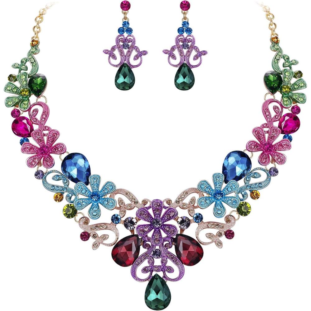 imageBriLove Womens Costume Elegant Crystal Flower Scroll Teardrop Statement Necklace Dangle Earrings Set for Wedding Party Prom AccessoriesMulticolor GoldTone