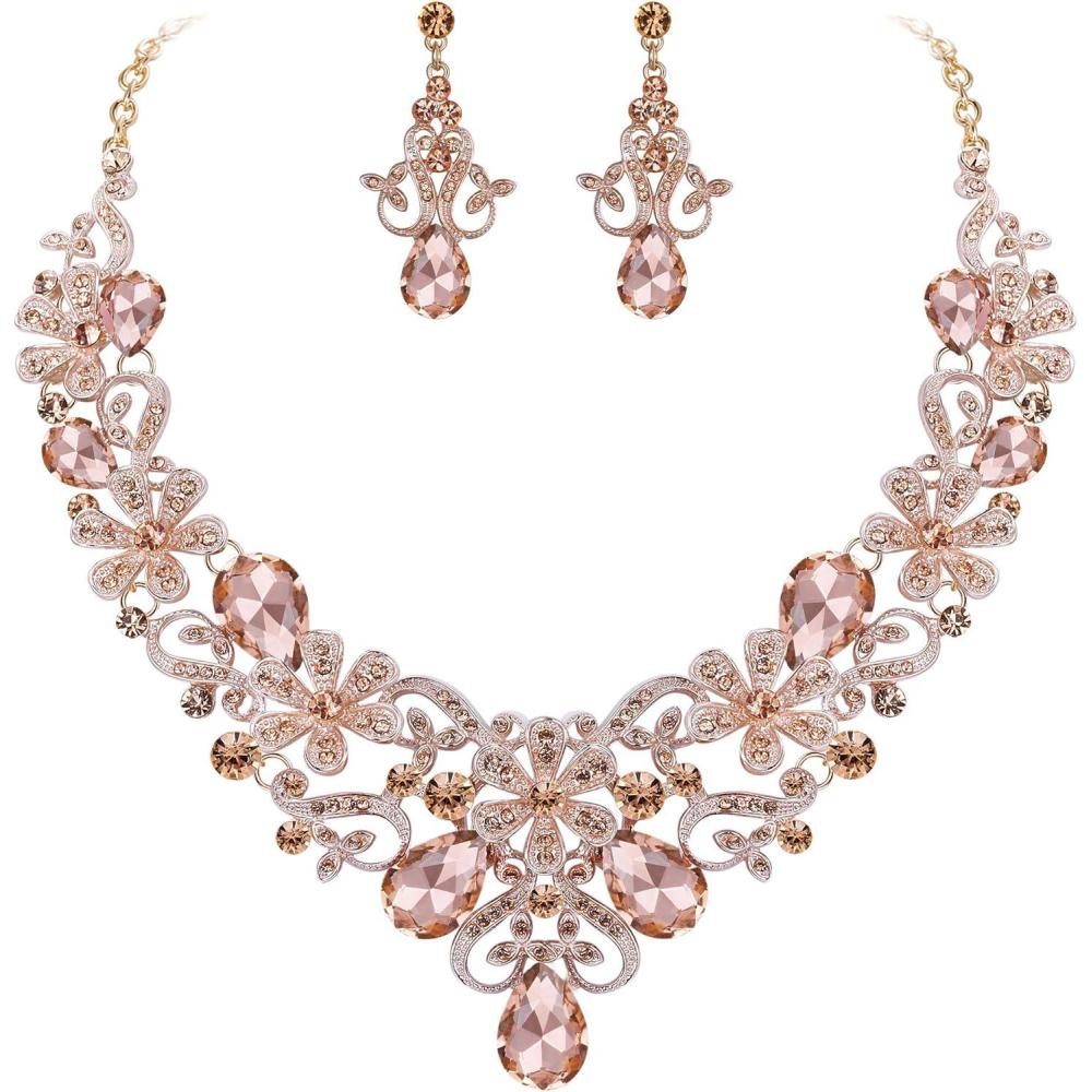 imageBriLove Womens Costume Elegant Crystal Flower Scroll Teardrop Statement Necklace Dangle Earrings Set for Wedding Party Prom AccessoriesPeach RoseGoldTone