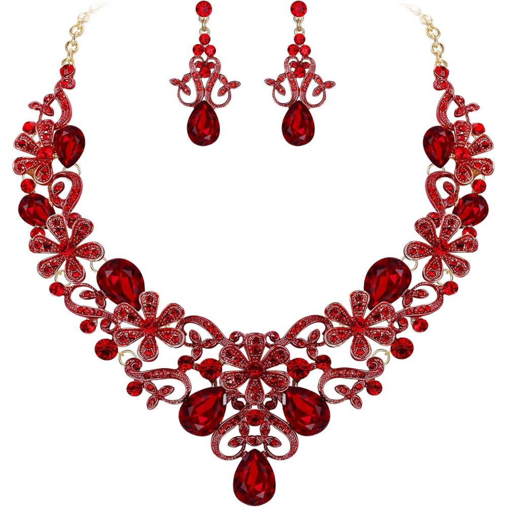 imageBriLove Womens Costume Elegant Crystal Flower Scroll Teardrop Statement Necklace Dangle Earrings Set for Wedding Party Prom AccessoriesRuby Color GoldTone