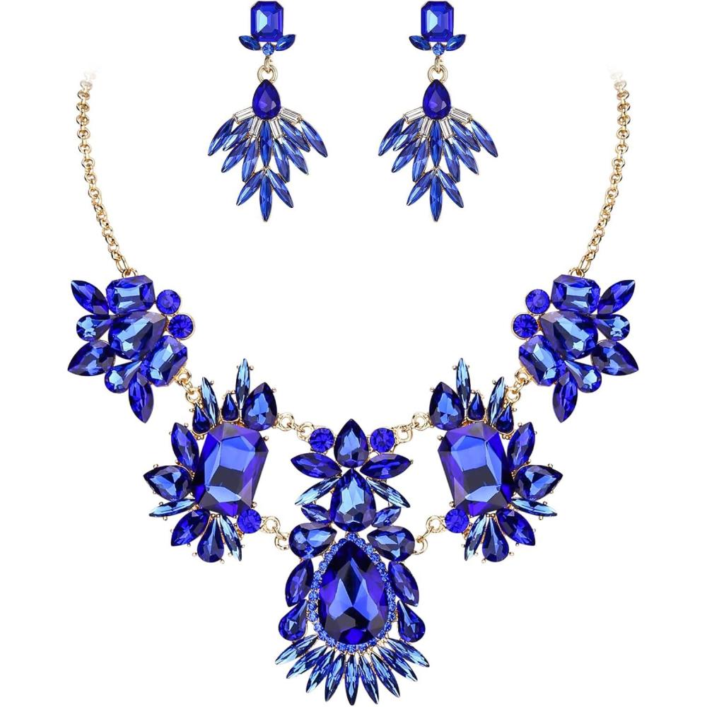 imageBriLove Womens Jewelry Set Fashion Sparkling Crystal Rhinestone Teardrop Emerald Cut Marquise Cluster Statement Necklace Dangle Earrings for Party PromBlue Goldtone