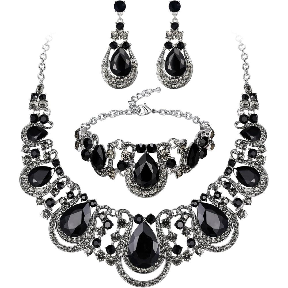 imageBriLove Womens Teardrop Crystal Statement Necklace Cluster Hollow Dangle Earrings Chain Bracelet Bib Jewellery Set for Wedding Bride BridesmaidBlack SilverTone
