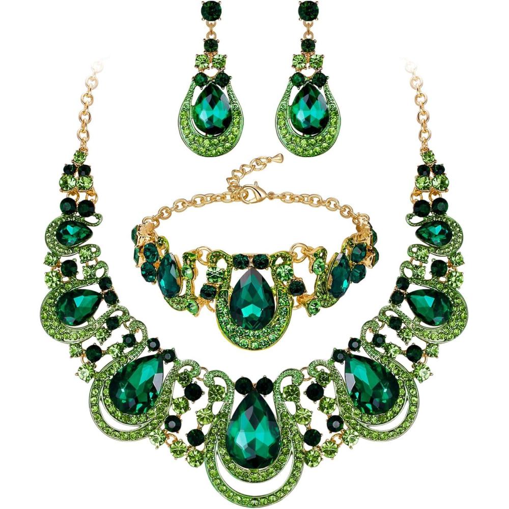 imageBriLove Womens Teardrop Crystal Statement Necklace Cluster Hollow Dangle Earrings Chain Bracelet Bib Jewellery Set for Wedding Bride BridesmaidEmerald Color GoldTone
