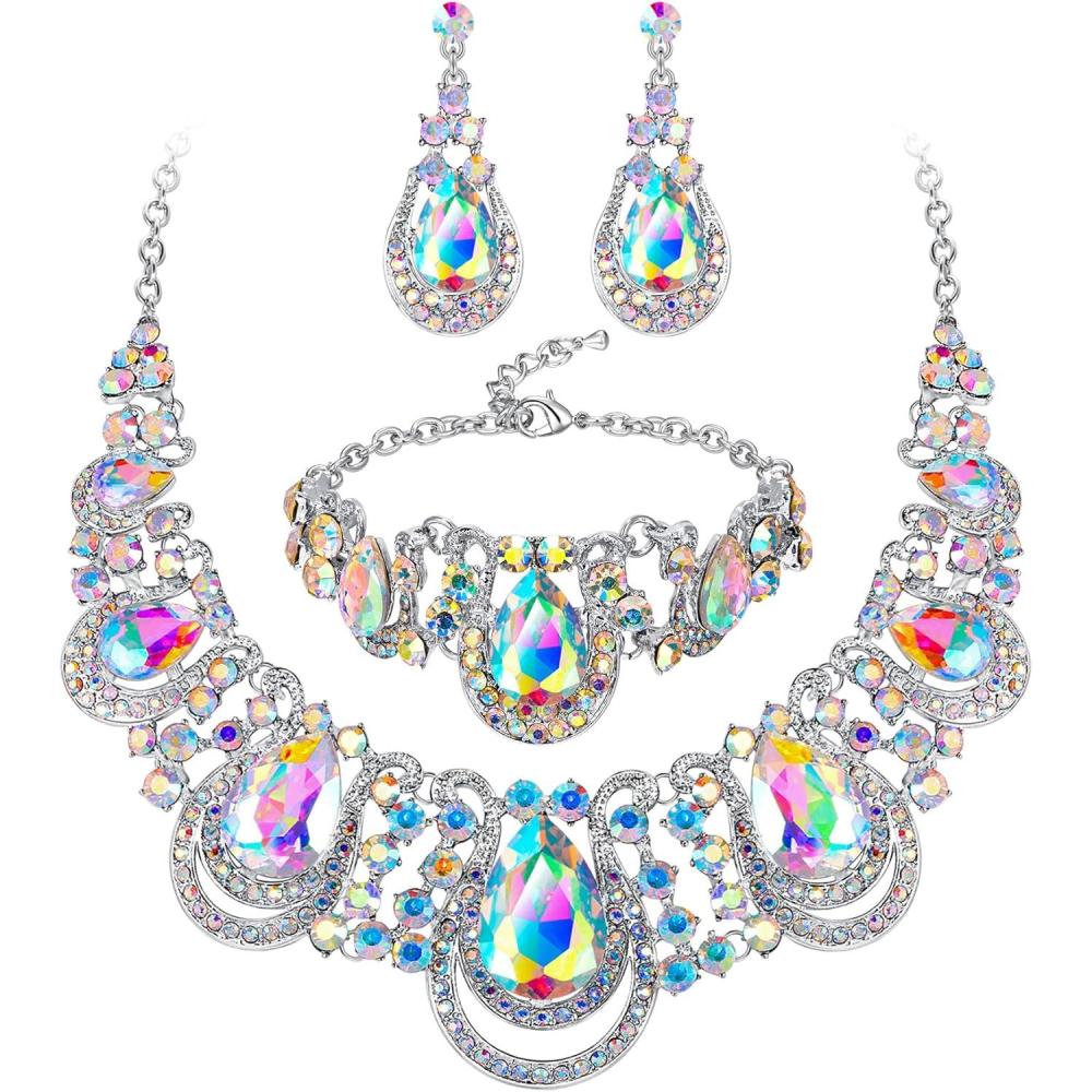 imageBriLove Womens Teardrop Crystal Statement Necklace Cluster Hollow Dangle Earrings Chain Bracelet Bib Jewellery Set for Wedding Bride BridesmaidIridescent AB Color SilverTone