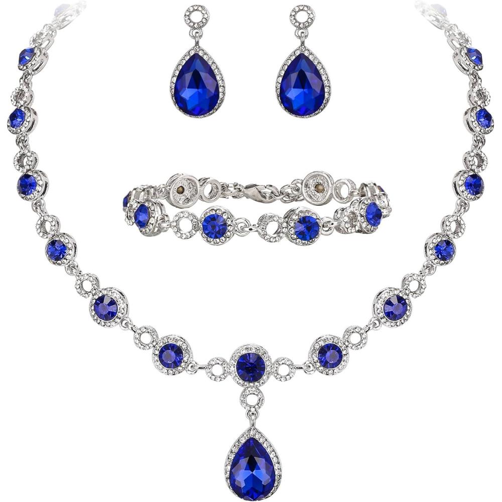 imageBriLove Womens Wedding Bridal Crystal Infinity Figure 8 Teardrop YNecklace Bracelet Earrings SetNavy Blue SilverTone