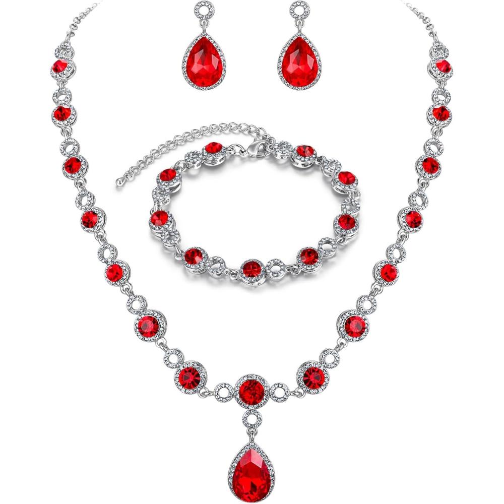 imageBriLove Womens Wedding Bridal Crystal Infinity Figure 8 Teardrop YNecklace Bracelet Earrings SetRuby Color SilverTone