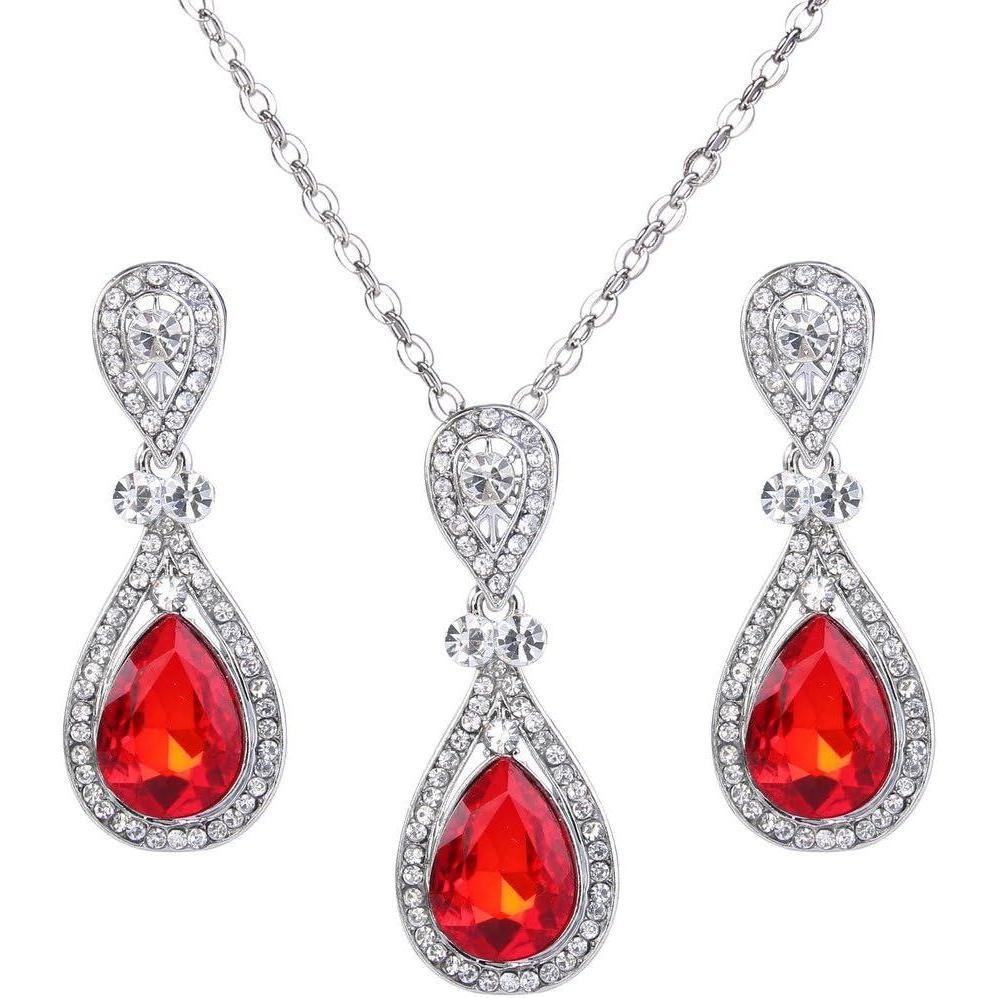imageBriLove Womens Wedding Bridal Elegant Crystal Teardrop Pendant Necklace Dangle Earrings SetRuby Color