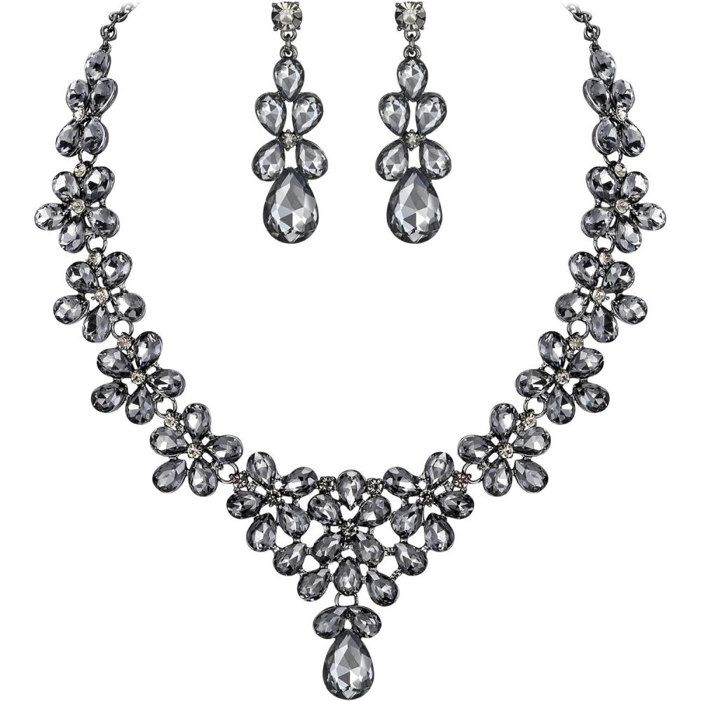 imageBriLove Womens Wedding Bridal Teardrop Cluster Crystal Statement Necklace Dangle Earrings Set for Bride Grey BlackTone