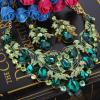 imageBriLove Womens Bohemian Boho Crystal Teardrop Filigree Leaf Hollow Statement Necklace Dangle Earrings SetEmerald Color GoldTone