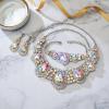 imageBriLove Womens Teardrop Crystal Statement Necklace Cluster Hollow Dangle Earrings Chain Bracelet Bib Jewellery Set for Wedding Bride BridesmaidIridescent AB Color SilverTone