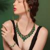imageBriLove Womens Wedding Jewelry Set for Bridal Rhinestone Beaded Marquise Cluster Crystal Statement Necklace Dangle Earrings Link Bracelet02Emerald Color GoldTone