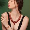 imageBriLove Womens Wedding Jewelry Set for Bridal Rhinestone Beaded Marquise Cluster Crystal Statement Necklace Dangle Earrings Link Bracelet03Ruby Color GoldTone