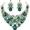 imageBriLove Womens Bohemian Boho Crystal Teardrop Filigree Leaf Hollow Statement Necklace Dangle Earrings SetEmerald Color GoldTone
