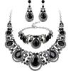 imageBriLove Womens Teardrop Crystal Statement Necklace Cluster Hollow Dangle Earrings Chain Bracelet Bib Jewellery Set for Wedding Bride BridesmaidBlack SilverTone