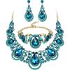 imageBriLove Womens Teardrop Crystal Statement Necklace Cluster Hollow Dangle Earrings Chain Bracelet Bib Jewellery Set for Wedding Bride BridesmaidBlue Topaz Color GoldTone