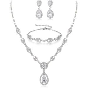 imageBriLove Wedding Bridal Jewelry Set for Women Cubic Zirconia Teardrop YNecklace Link Bracelet Dangle Earrings for Party Prom AccessoriesClear SilverTone