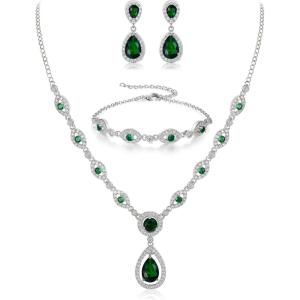imageBriLove Wedding Bridal Jewelry Set for Women Cubic Zirconia Teardrop YNecklace Link Bracelet Dangle Earrings for Party Prom AccessoriesEmerald Color SilverTone