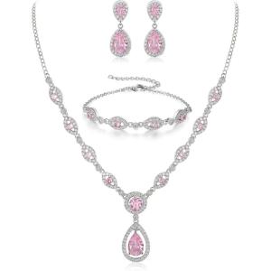 imageBriLove Wedding Bridal Jewelry Set for Women Cubic Zirconia Teardrop YNecklace Link Bracelet Dangle Earrings for Party Prom AccessoriesPink SilverTone