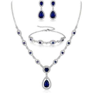 imageBriLove Wedding Bridal Jewelry Set for Women Cubic Zirconia Teardrop YNecklace Link Bracelet Dangle Earrings for Party Prom AccessoriesSapphire Color SilverTone