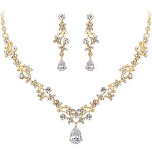 imageBriLove Wedding Bridal Necklace Earrings Jewelry Set CZ Crystal Leaf Vine Floral Scroll Teardrop VNecklace Clear GoldTone