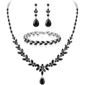 imageBriLove Wedding Gorgeous Shiny Teardrop CZ Pendant Necklace Leaf Dangle Earrings Jewelry Set for Women Bride BridesmaidBlack SilverTone