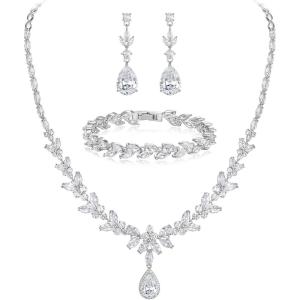 imageBriLove Wedding Gorgeous Shiny Teardrop CZ Pendant Necklace Leaf Dangle Earrings Jewelry Set for Women Bride BridesmaidClear