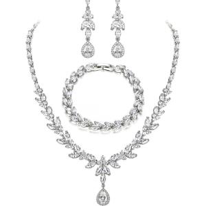 imageBriLove Wedding Gorgeous Shiny Teardrop CZ Pendant Necklace Leaf Dangle Earrings Jewelry Set for Women Bride BridesmaidClear SilverTone