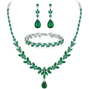 imageBriLove Wedding Gorgeous Shiny Teardrop CZ Pendant Necklace Leaf Dangle Earrings Jewelry Set for Women Bride BridesmaidEmerald Color SilverTone