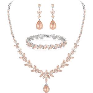 imageBriLove Wedding Gorgeous Shiny Teardrop CZ Pendant Necklace Leaf Dangle Earrings Jewelry Set for Women Bride BridesmaidPeach SilverTone
