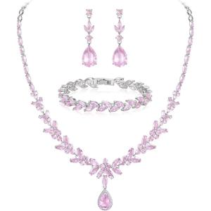imageBriLove Wedding Gorgeous Shiny Teardrop CZ Pendant Necklace Leaf Dangle Earrings Jewelry Set for Women Bride BridesmaidPink SilverTone