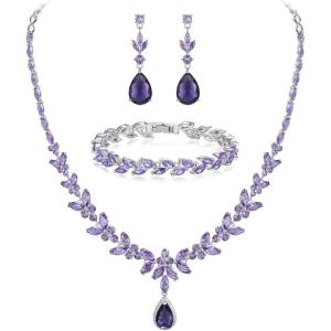 imageBriLove Wedding Gorgeous Shiny Teardrop CZ Pendant Necklace Leaf Dangle Earrings Jewelry Set for Women Bride BridesmaidPurple SilverTone