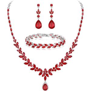 imageBriLove Wedding Gorgeous Shiny Teardrop CZ Pendant Necklace Leaf Dangle Earrings Jewelry Set for Women Bride BridesmaidRuby Color SilverTone