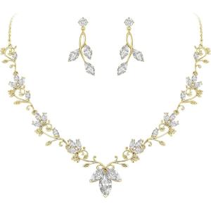imageBriLove Wedding Jewelry Set for Women CZ Teardrop Flower Leaf Filigree Necklace Earrings Party Prom AccessoriesGoldtone