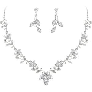 imageBriLove Wedding Jewelry Set for Women CZ Teardrop Flower Leaf Filigree Necklace Earrings Party Prom AccessoriesSilvertone