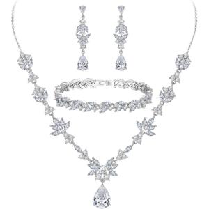 imageBriLove Wedding Jewelry Set for Women YNecklace Tennis Bracelet Dangle Earrings with AAA Cubic Zirconia Teardrop for Bridal Bridesmaid01Clear SilverTone